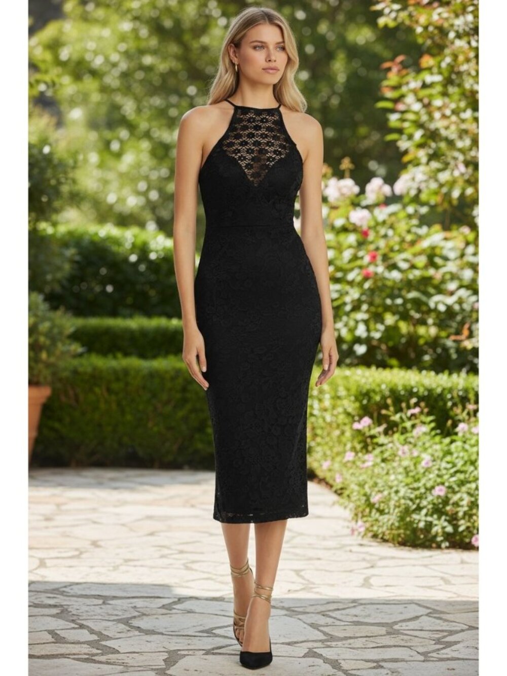 Bardot Black Lace Halter Midi Dress Sz XS